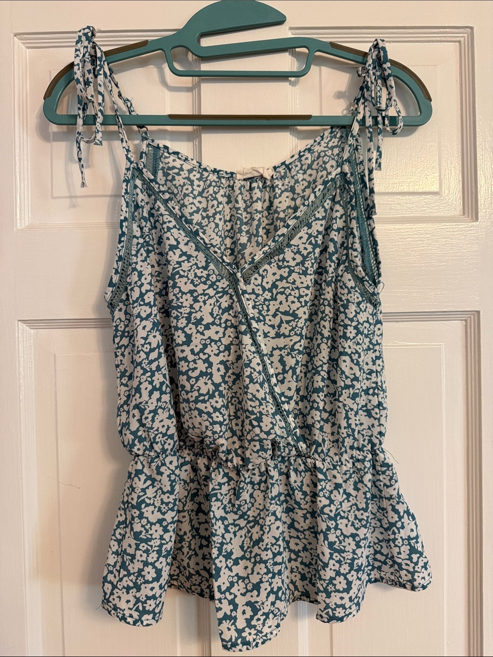 Sienna Sky Teal and White Floral Tie-Shoulder Peplum Camisole